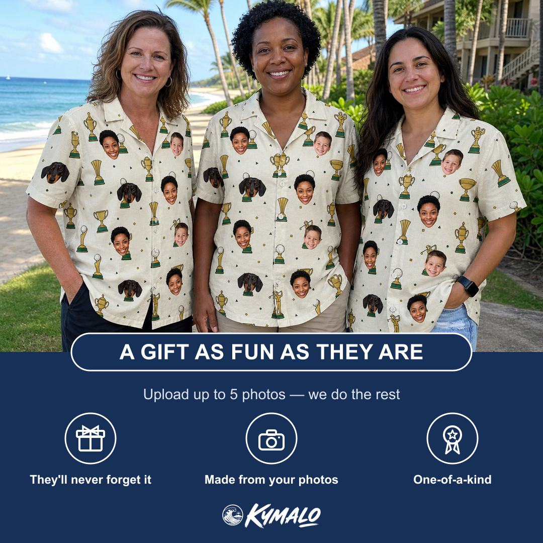 Friends in matching Women's Champion Chalices Custom Face Hawaiian Shirt — a group gift photo