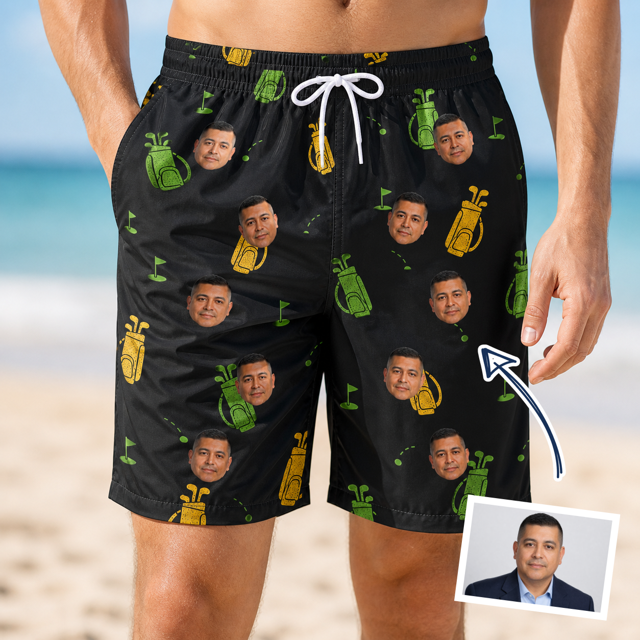 Man wearing Men's Divot Duffels Custom Face Beach Shorts — custom faces printed all-over