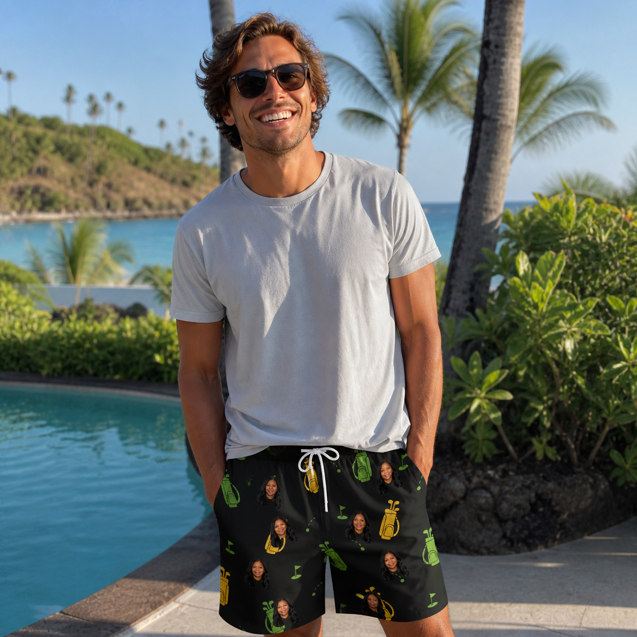 Real-life photo of someone wearing Men's Divot Duffels Custom Face Beach Shorts — custom faces printed all-over