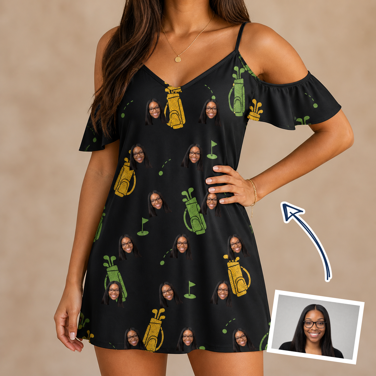Woman wearing Women's Divot Duffels Custom Face Off-Shoulder Dress — custom faces printed all-over