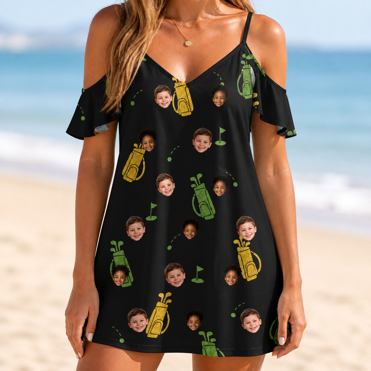Model wearing Women's Divot Duffels Custom Face Off-Shoulder Dress printed with kids' faces