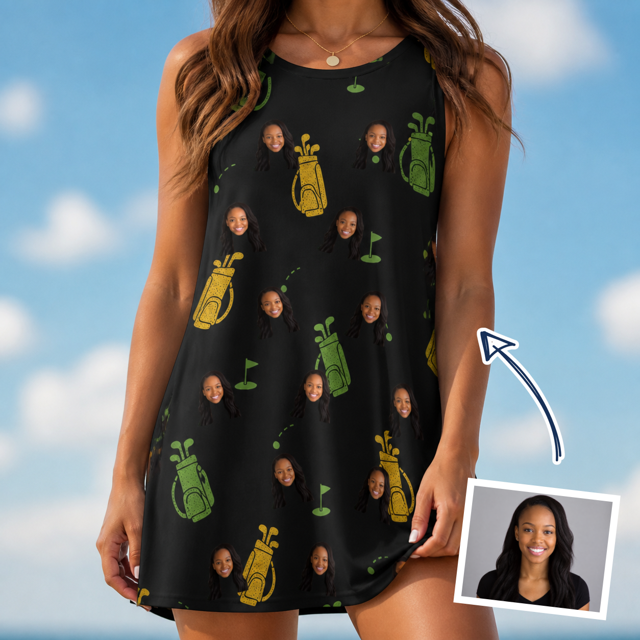 Woman wearing Women's Divot Duffels Custom Face Tank Dress — custom faces printed all-over