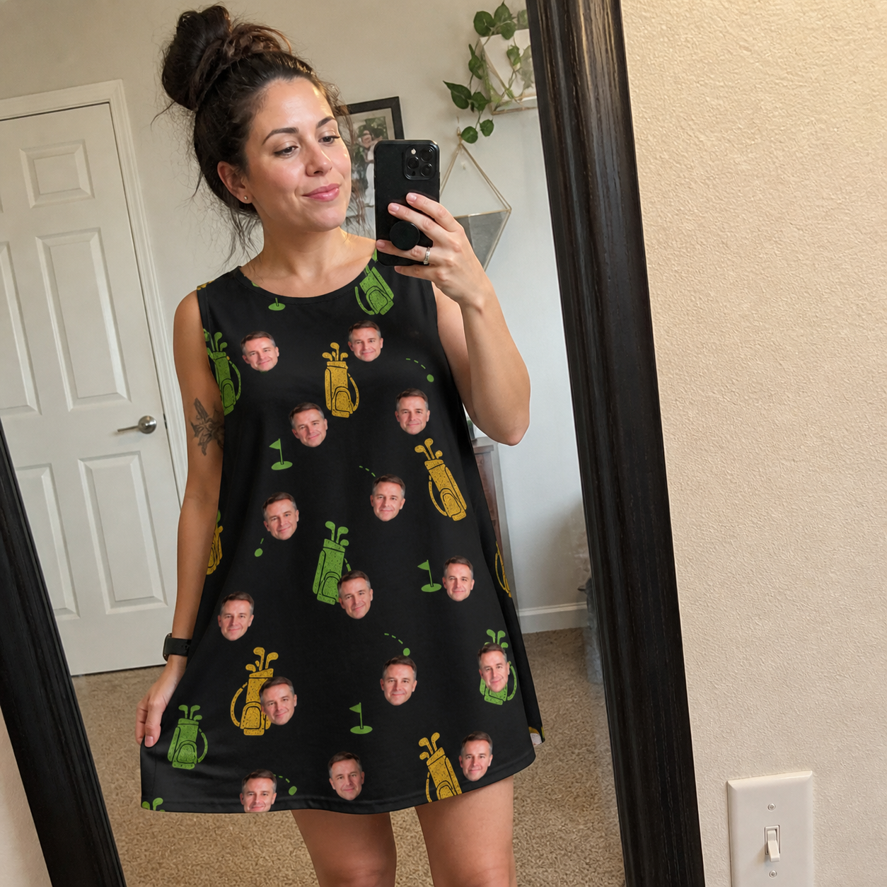 Real-life photo of someone wearing Women's Divot Duffels Custom Face Tank Dress — custom faces printed all-over