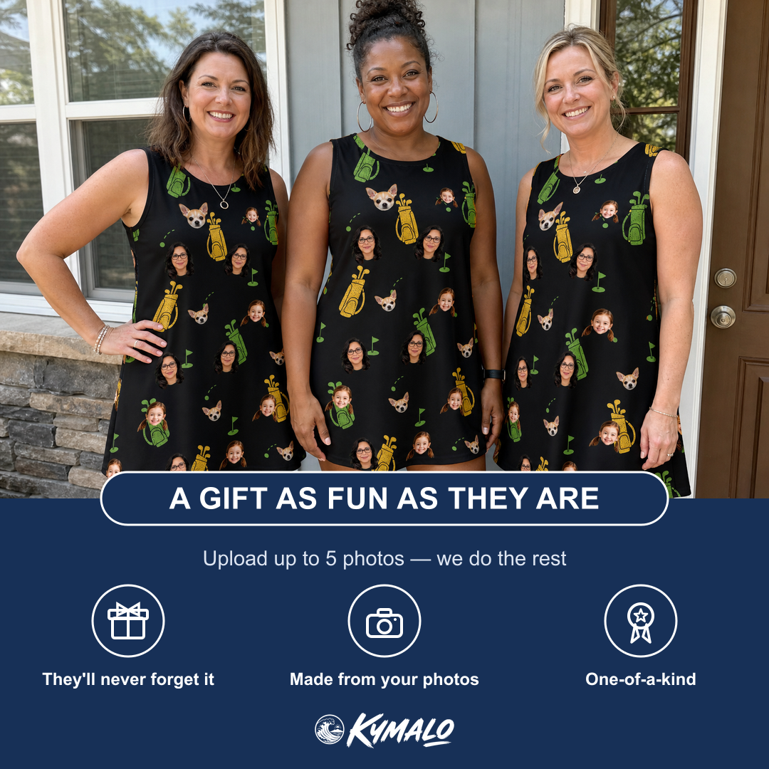 Friends in matching Women's Divot Duffels Custom Face Tank Dress — a group gift photo
