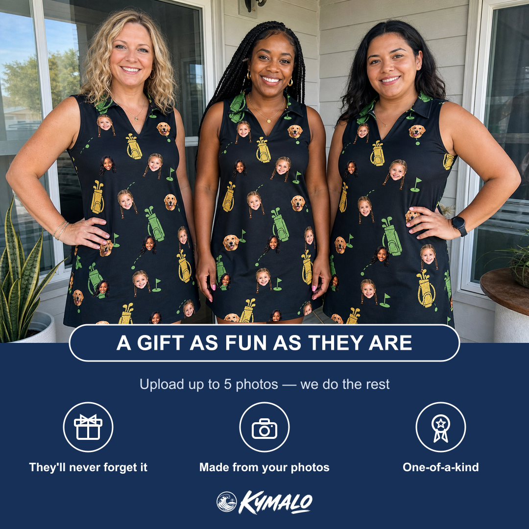 Friends in matching Women's Divot Duffels Custom Face V-Neck Dress — a group gift photo