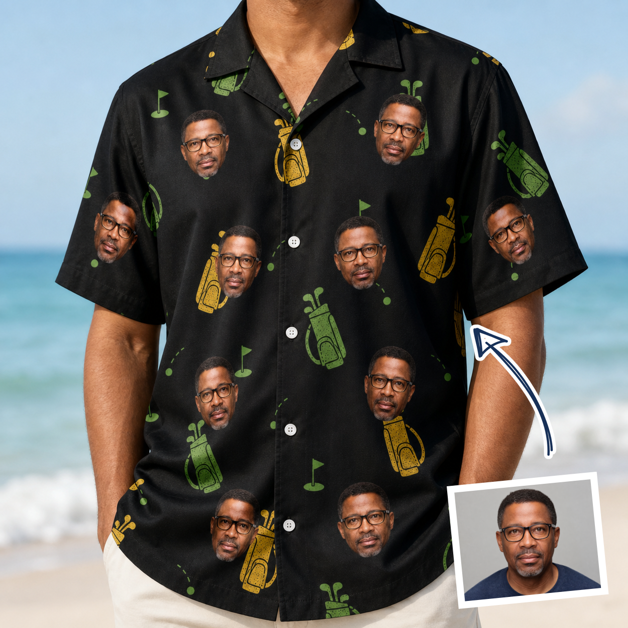 Man wearing Men's Divot Duffels Custom Face Hawaiian Shirt — custom faces printed all-over