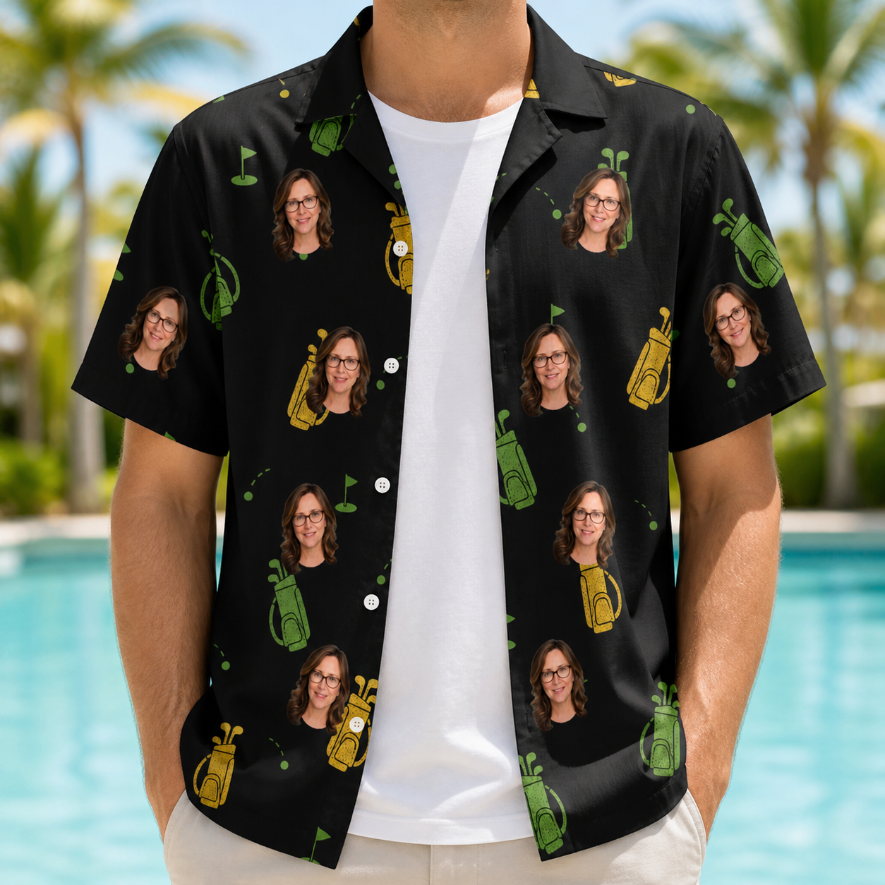 Man wearing Men's Divot Duffels Custom Face Hawaiian Shirt open over a white tee