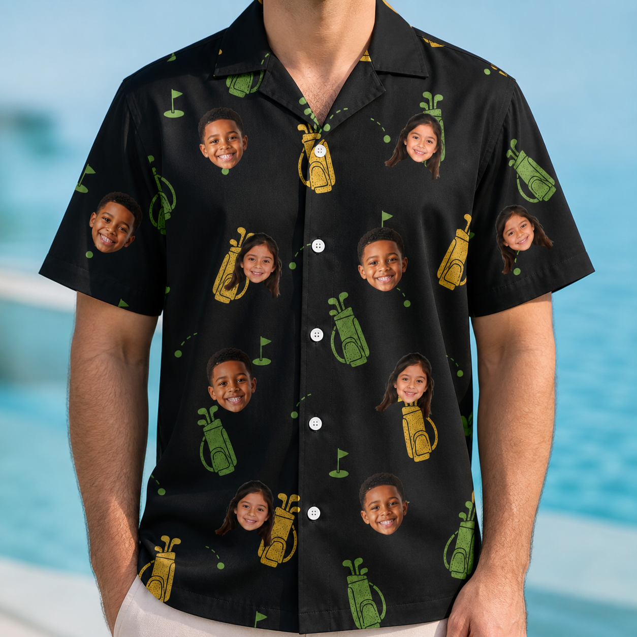 Model wearing Men's Divot Duffels Custom Face Hawaiian Shirt printed with kids' faces