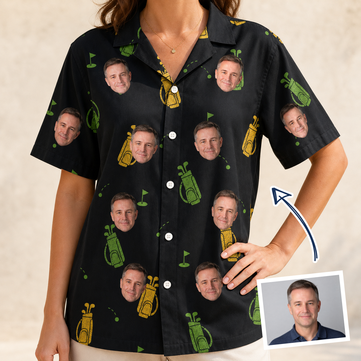 Woman wearing Women's Divot Duffels Custom Face Hawaiian Shirt — custom faces printed all-over