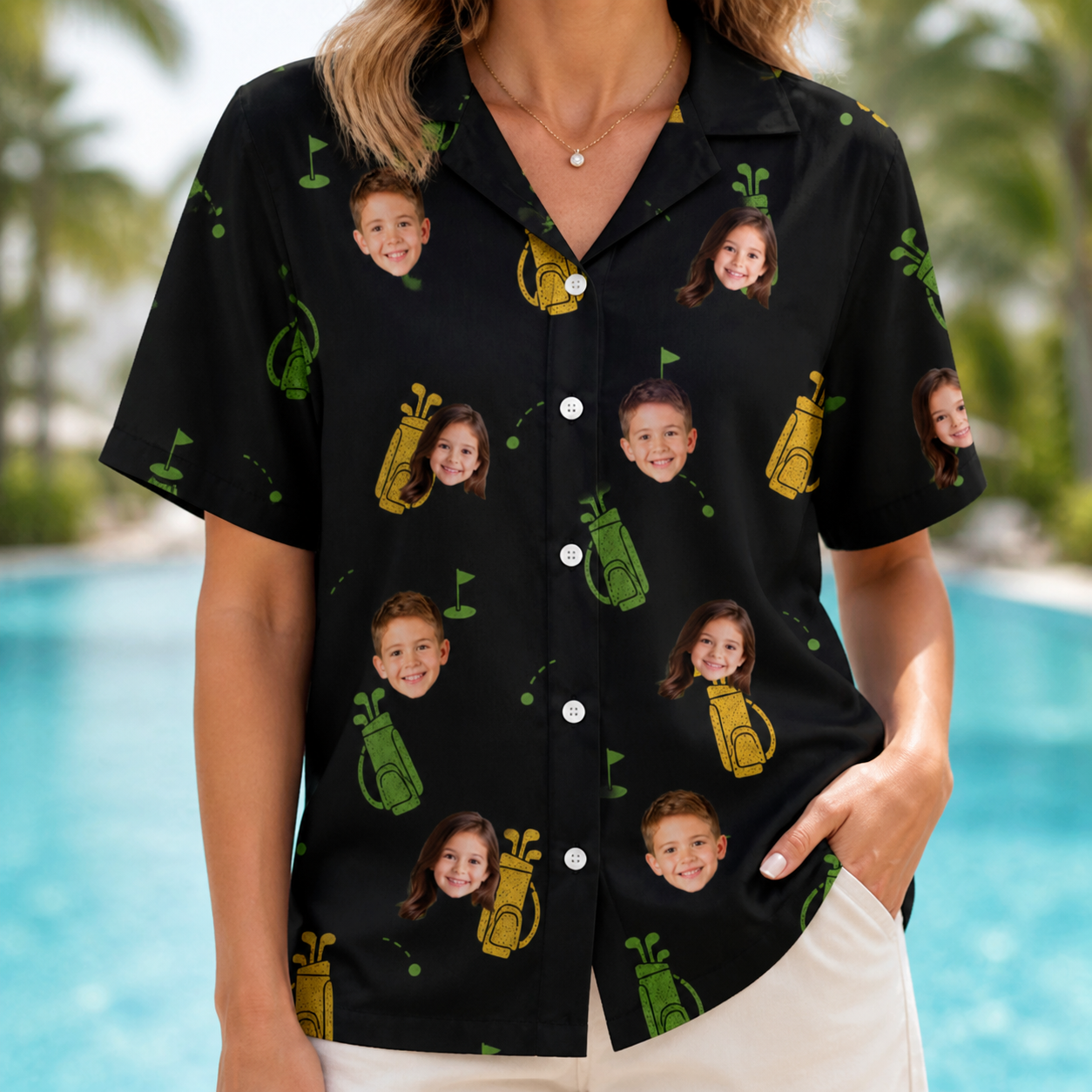 Model wearing Women's Divot Duffels Custom Face Hawaiian Shirt printed with kids' faces