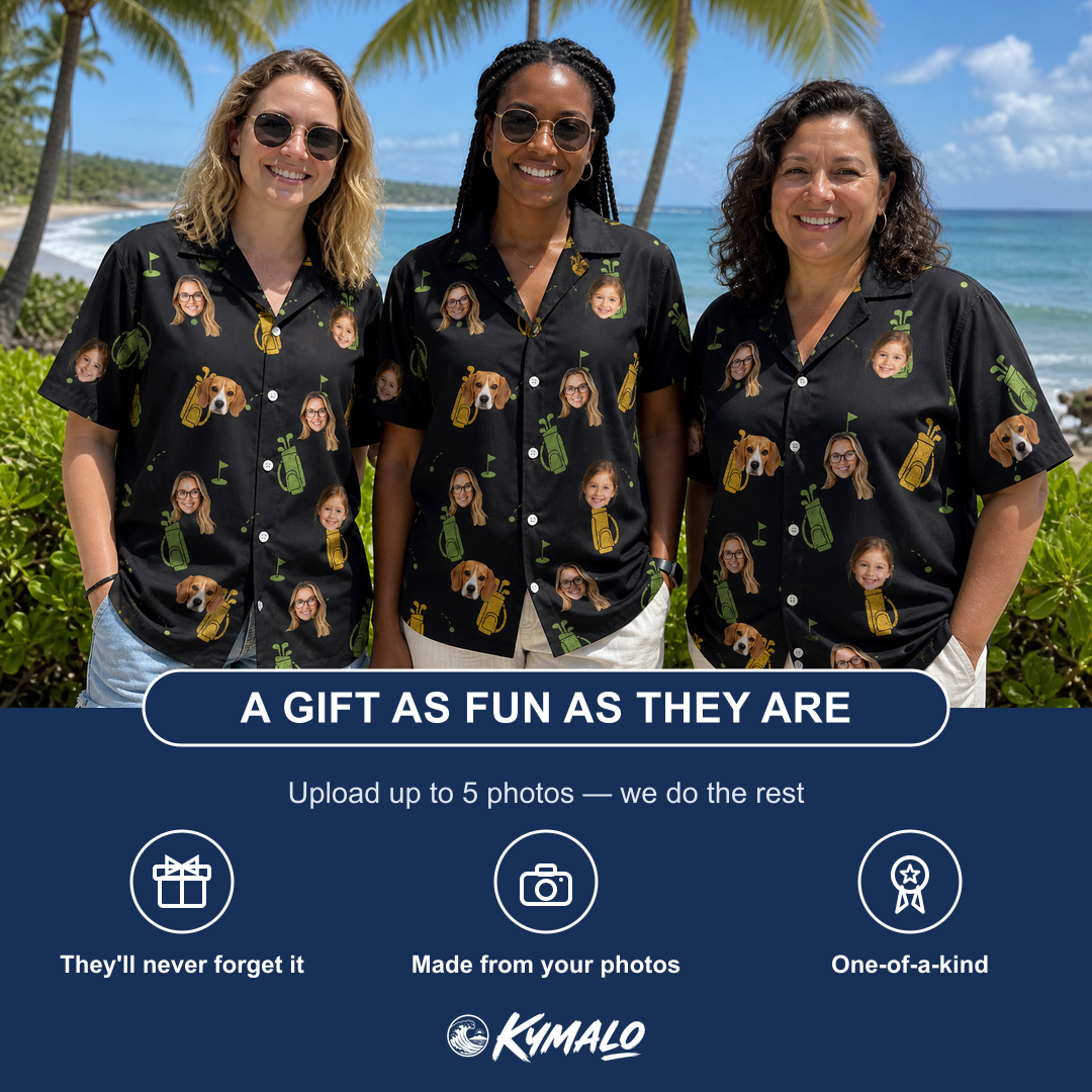 Friends in matching Women's Divot Duffels Custom Face Hawaiian Shirt — a group gift photo