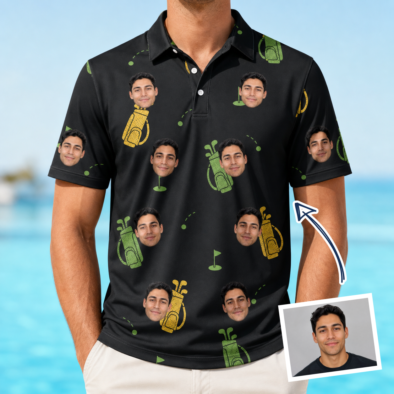 Man wearing Men's Divot Duffels Custom Face Polo Shirt — custom faces printed all-over