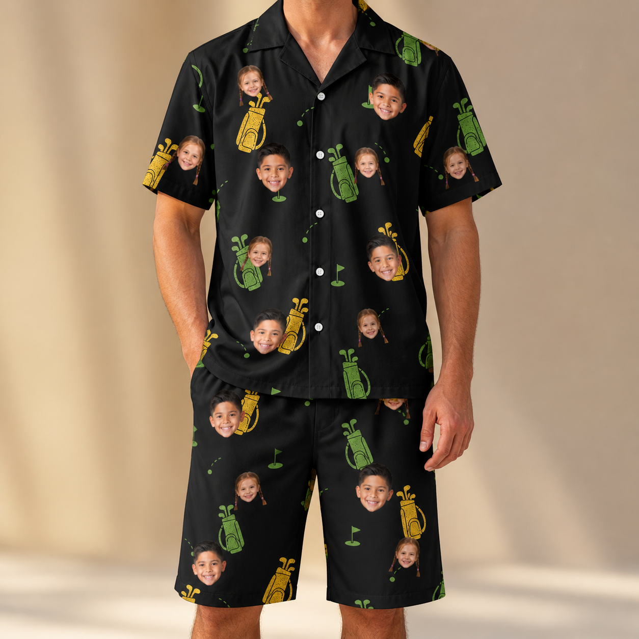 Model wearing Men's Divot Duffels Custom Face Shirt & Shorts Set printed with kids' faces