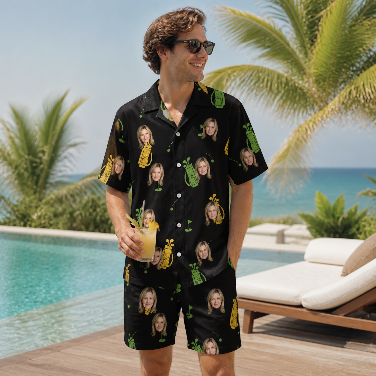 Real-life photo of someone wearing Men's Divot Duffels Custom Face Shirt & Shorts Set — custom faces printed all-over