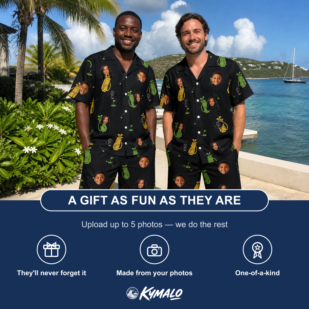 Friends in matching Men's Divot Duffels Custom Face Shirt & Shorts Set — a group gift photo