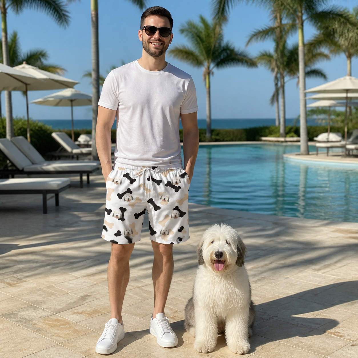 Full-length photo with the pet printed all over this Men's Biscuit Bark Custom Dog Face Beach Shorts