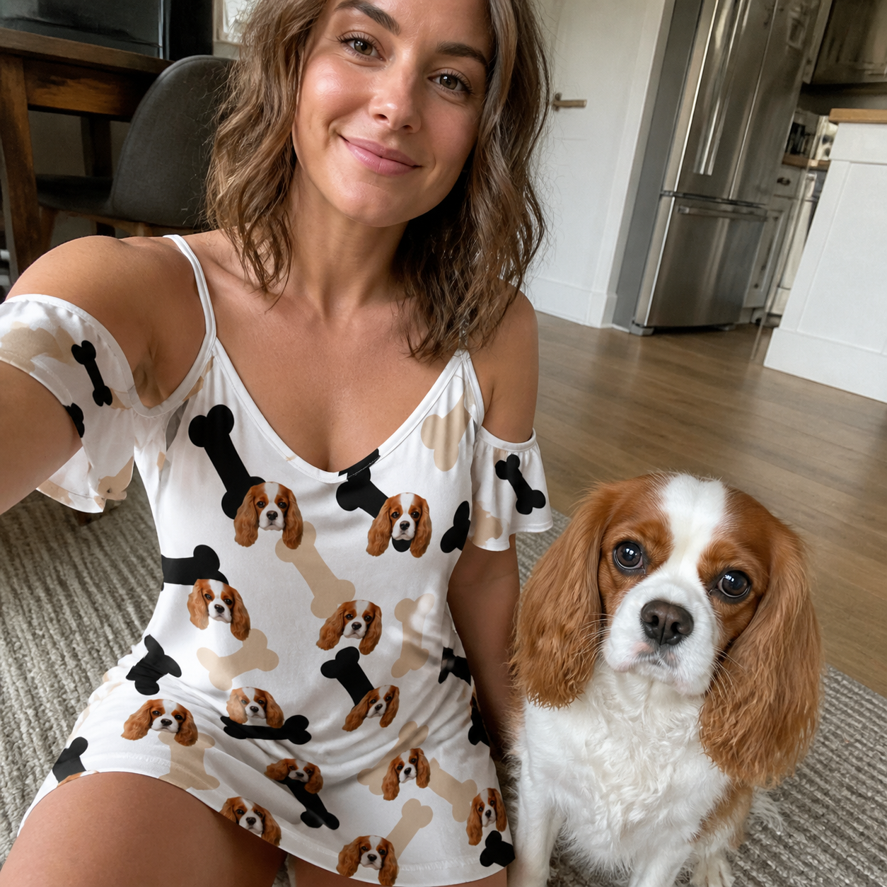 Selfie with the pet whose face is printed all over this Women's Biscuit Bark Custom Dog Face Off-Shoulder Dress