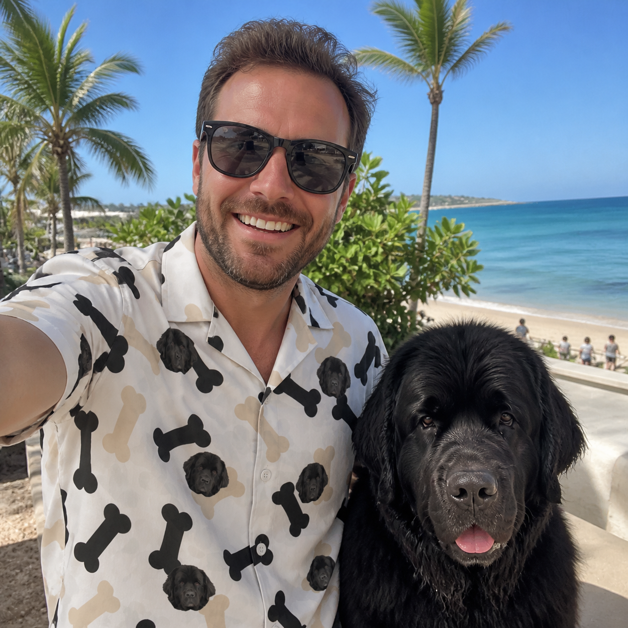 Selfie with the pet whose face is printed all over this Men's Biscuit Bark Custom Dog Face Hawaiian Shirt