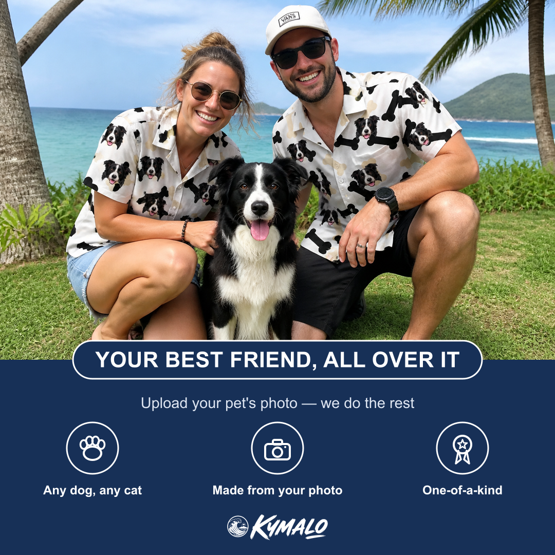 Friends in matching Men's Biscuit Bark Custom Dog Face Hawaiian Shirt — a group gift photo