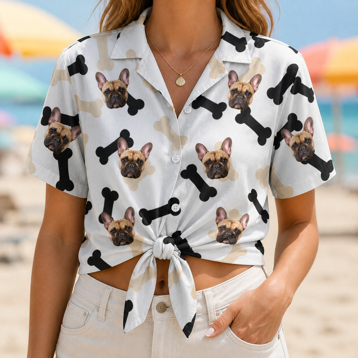 Woman wearing Women's Biscuit Bark Custom Dog Face Hawaiian Shirt tied at the waist