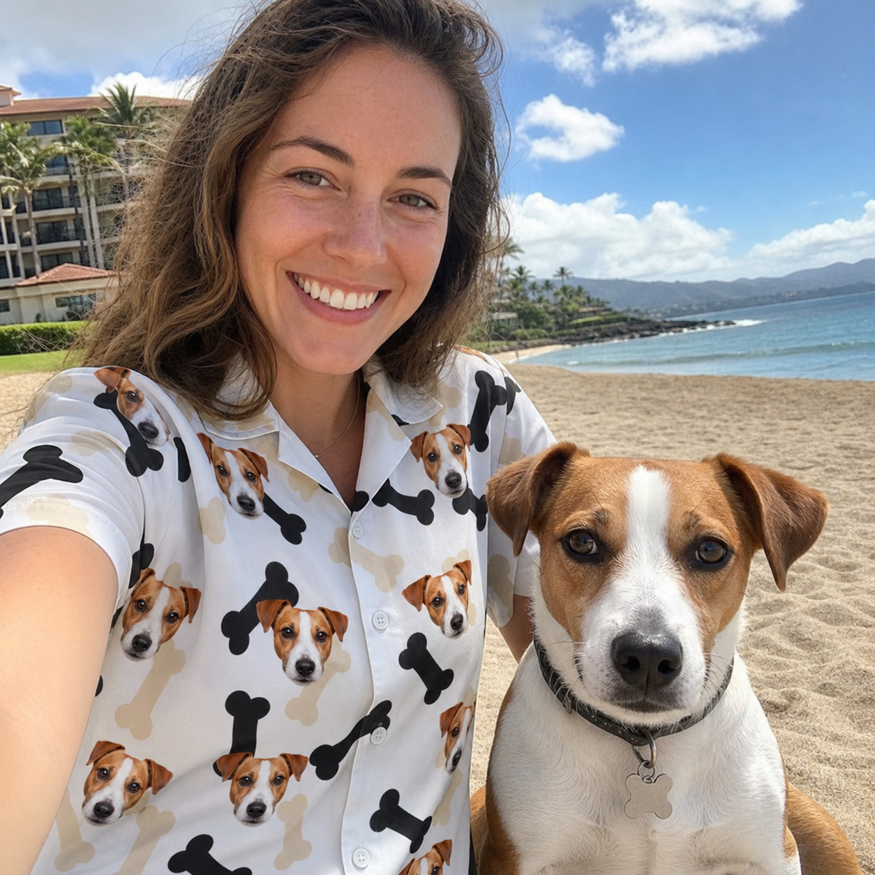Selfie with the pet whose face is printed all over this Women's Biscuit Bark Custom Dog Face Hawaiian Shirt