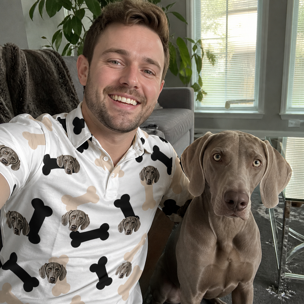 Selfie with the pet whose face is printed all over this Men's Biscuit Bark Custom Dog Face Polo Shirt