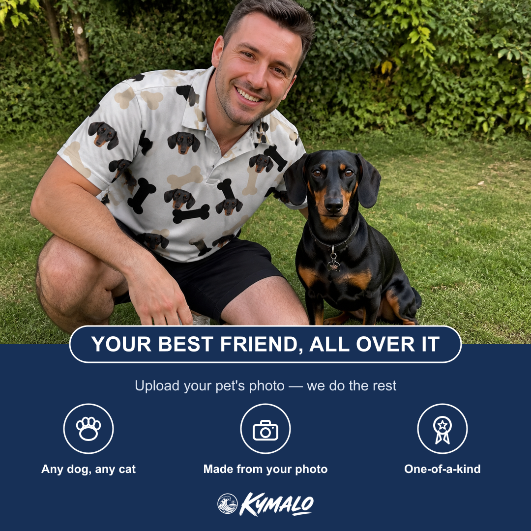 Friends in matching Men's Biscuit Bark Custom Dog Face Polo Shirt — a group gift photo