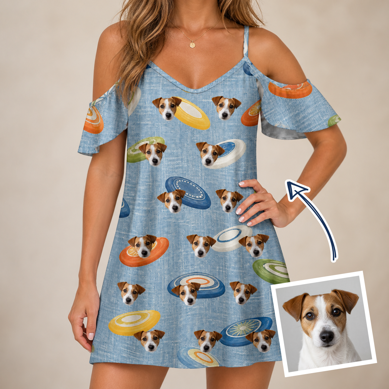 Woman wearing Women's Aero Barkers Custom Dog Face Off-Shoulder Dress — custom faces printed all-over