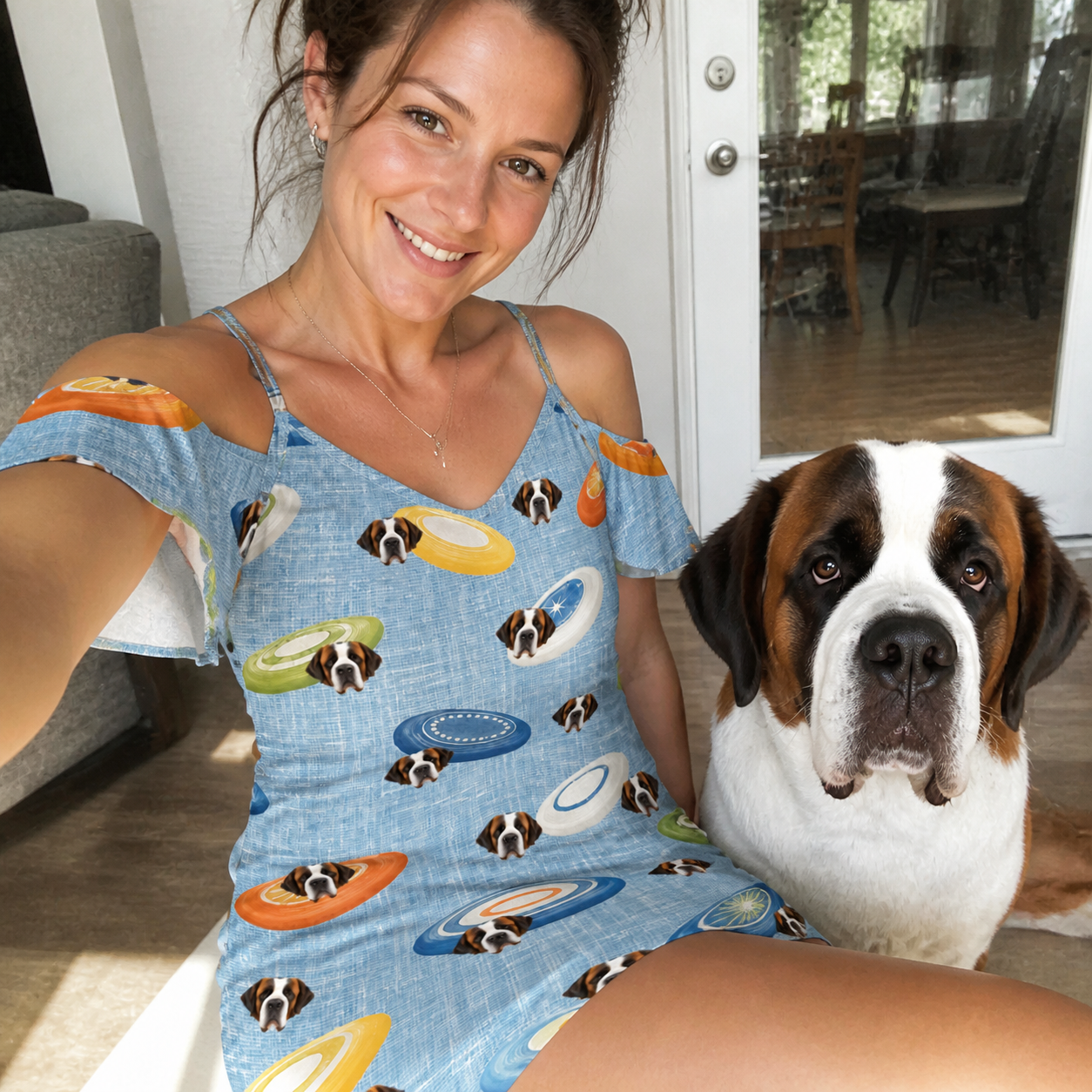 Selfie with the pet whose face is printed all over this Women's Aero Barkers Custom Dog Face Off-Shoulder Dress