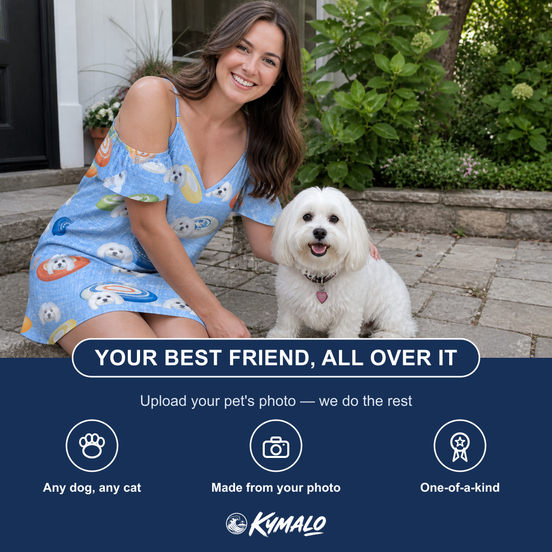 Friends in matching Women's Aero Barkers Custom Dog Face Off-Shoulder Dress — a group gift photo