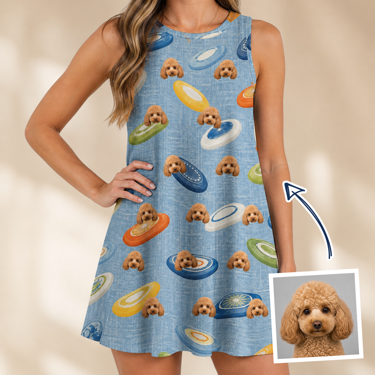 Woman wearing Women's Aero Barkers Custom Dog Face Tank Dress — custom faces printed all-over