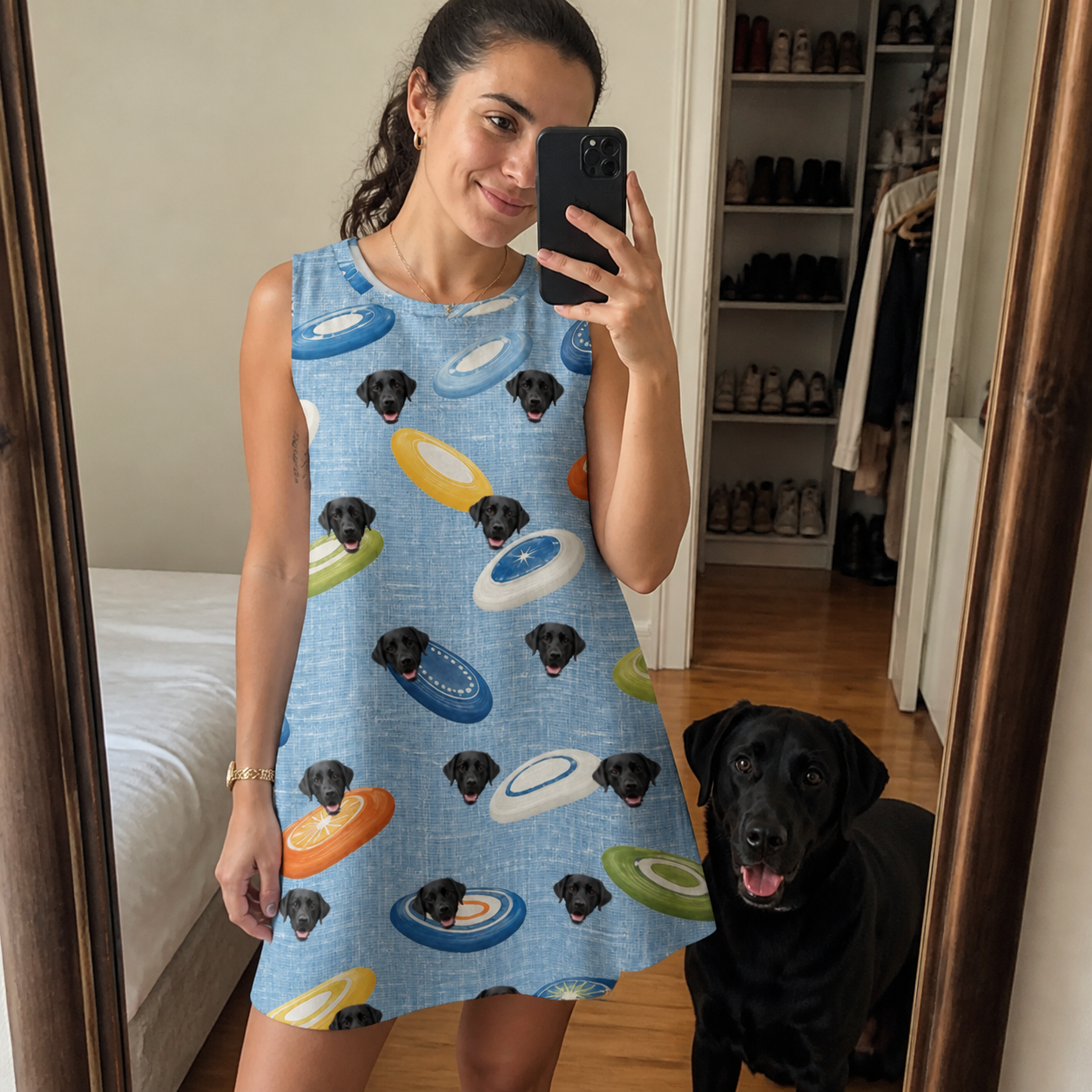 Selfie with the pet whose face is printed all over this Women's Aero Barkers Custom Dog Face Tank Dress