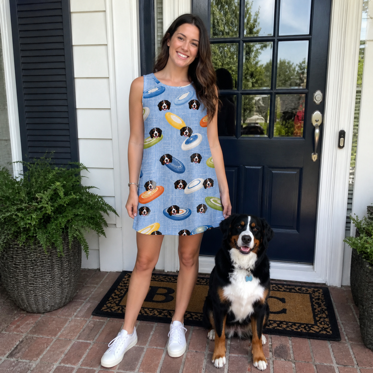 Full-length photo with the pet printed all over this Women's Aero Barkers Custom Dog Face Tank Dress