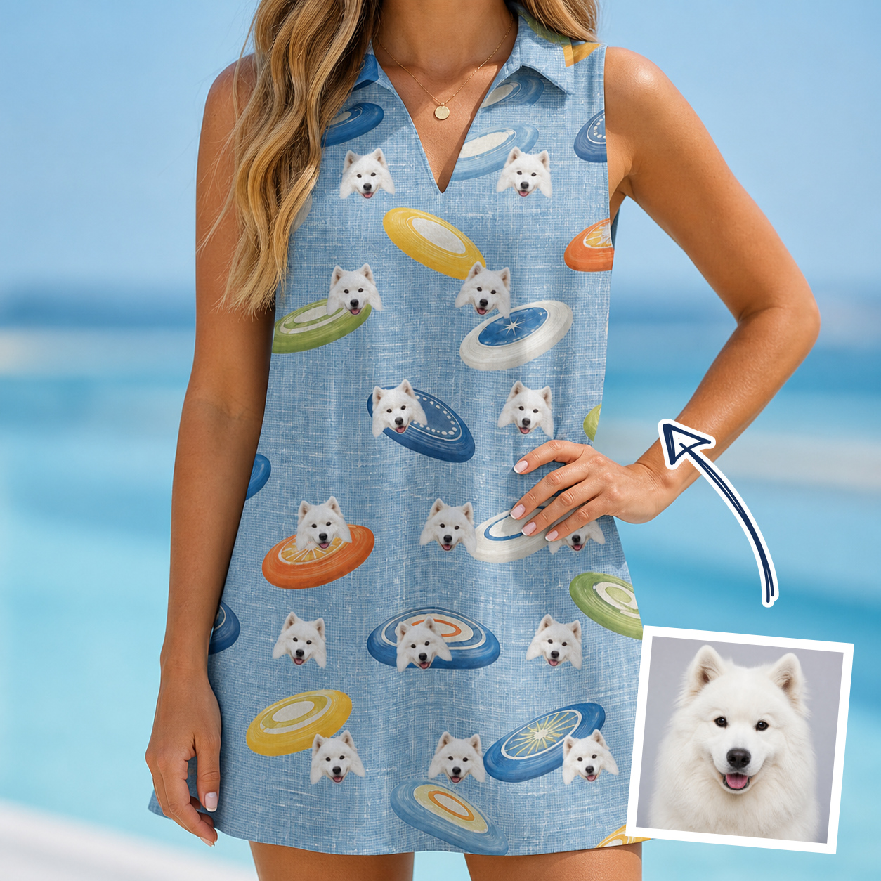 Woman wearing Women's Aero Barkers Custom Dog Face V-Neck Dress — custom faces printed all-over