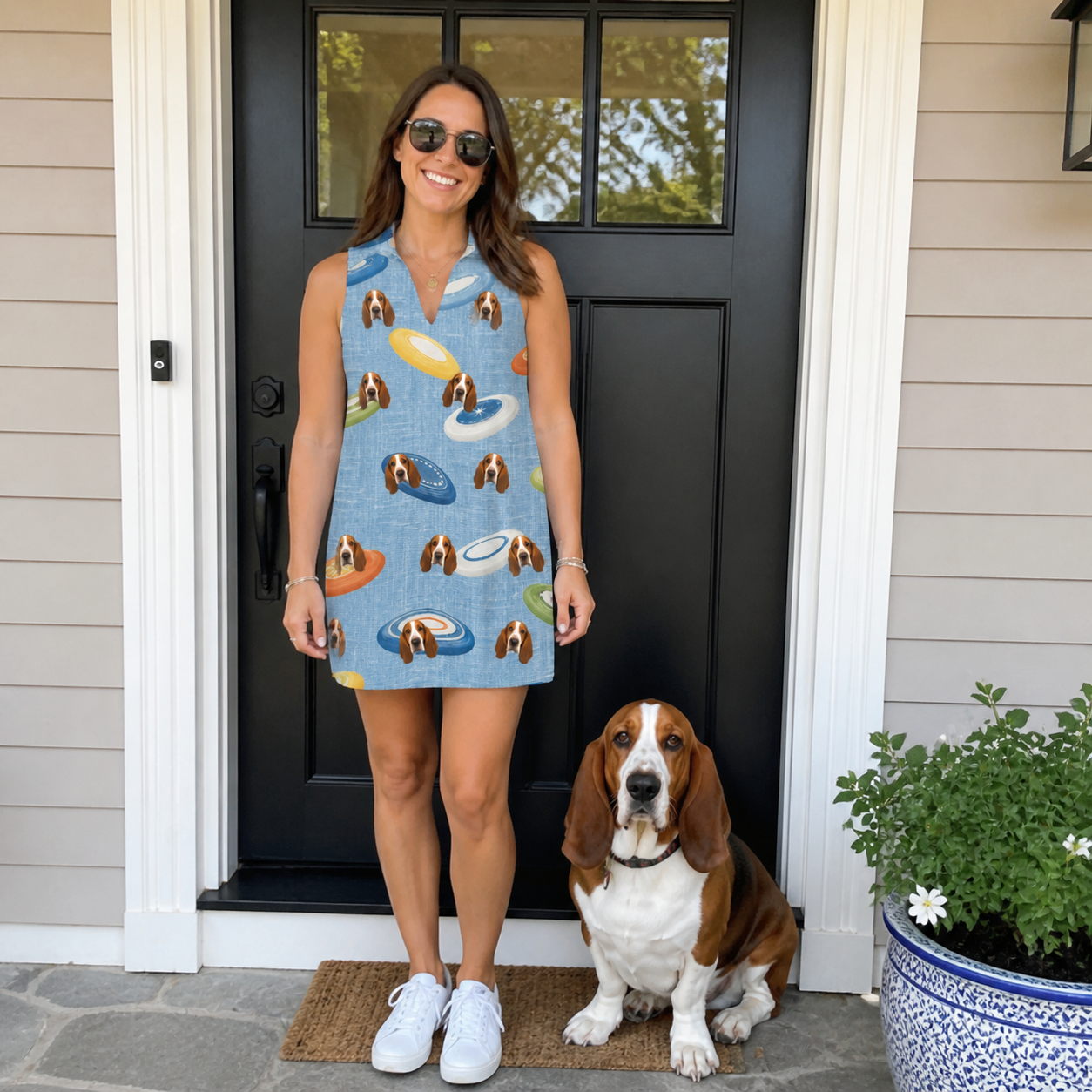 Full-length photo with the pet printed all over this Women's Aero Barkers Custom Dog Face V-Neck Dress