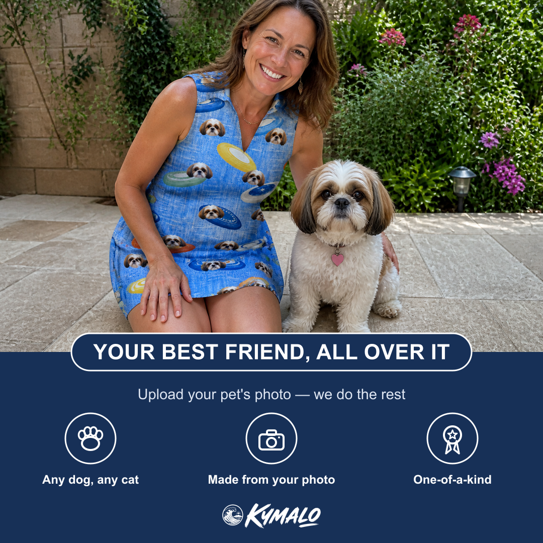 Friends in matching Women's Aero Barkers Custom Dog Face V-Neck Dress — a group gift photo