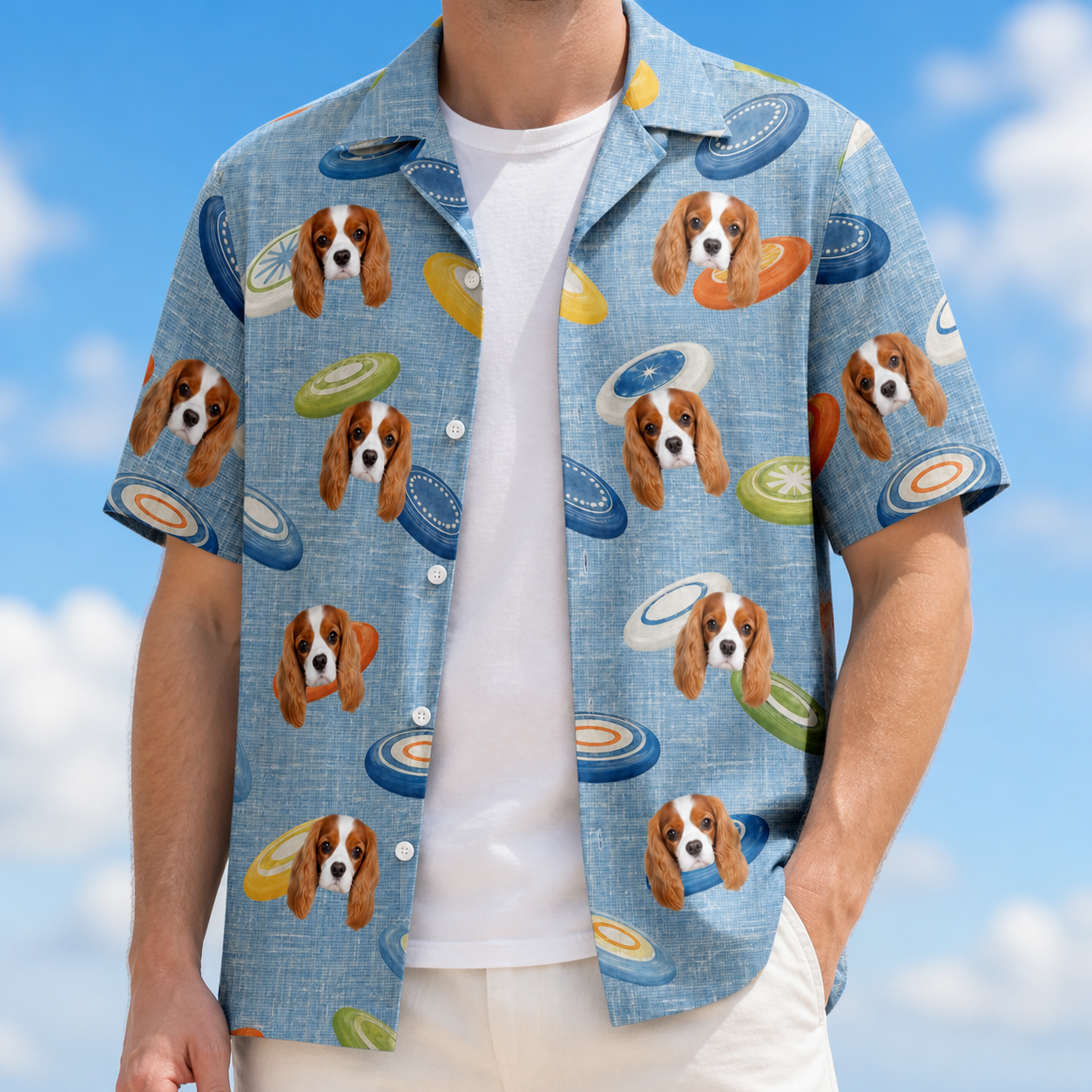 Man wearing Men's Aero Barkers Custom Dog Face Hawaiian Shirt open over a white tee