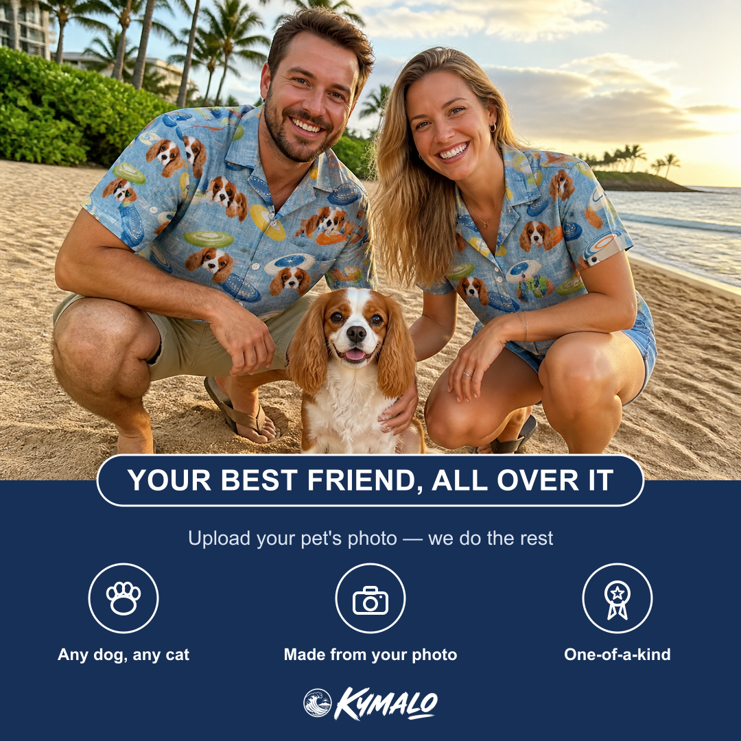 Friends in matching Men's Aero Barkers Custom Dog Face Hawaiian Shirt — a group gift photo