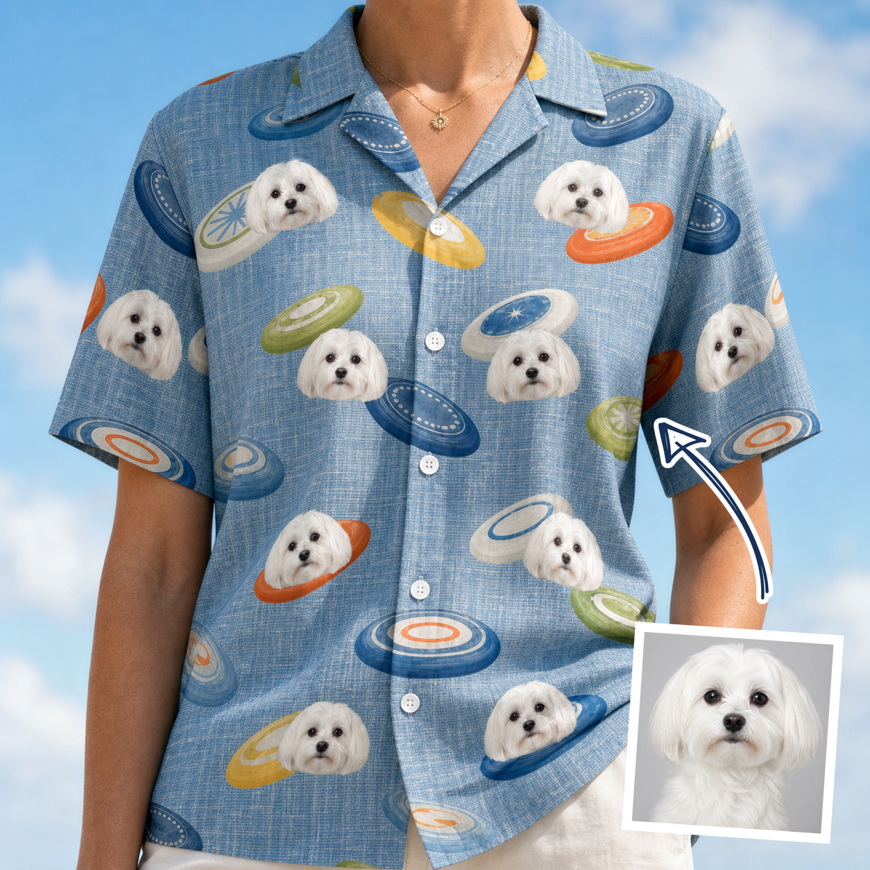 Woman wearing Women's Aero Barkers Custom Dog Face Hawaiian Shirt — custom faces printed all-over