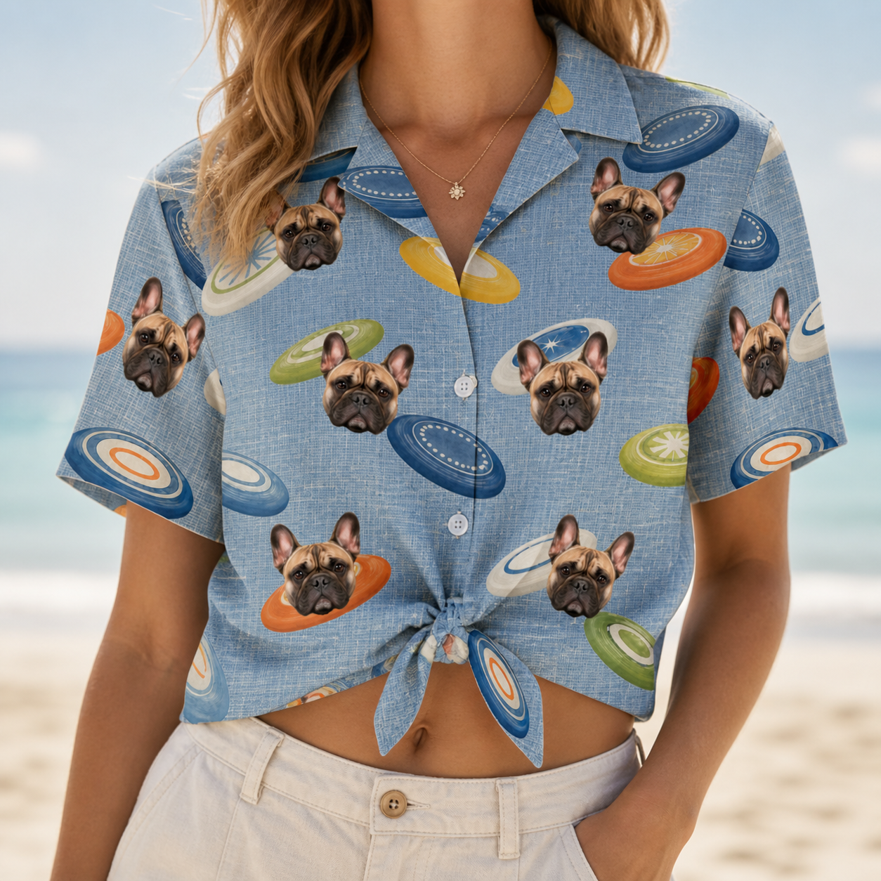 Woman wearing Women's Aero Barkers Custom Dog Face Hawaiian Shirt tied at the waist