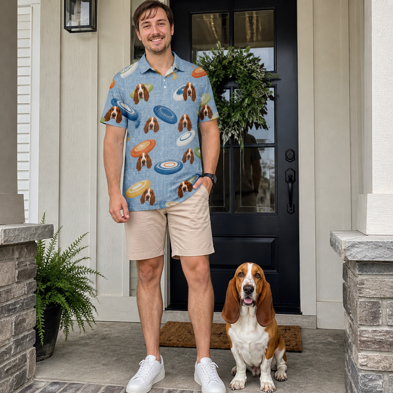 Full-length photo with the pet printed all over this Men's Aero Barkers Custom Dog Face Polo Shirt