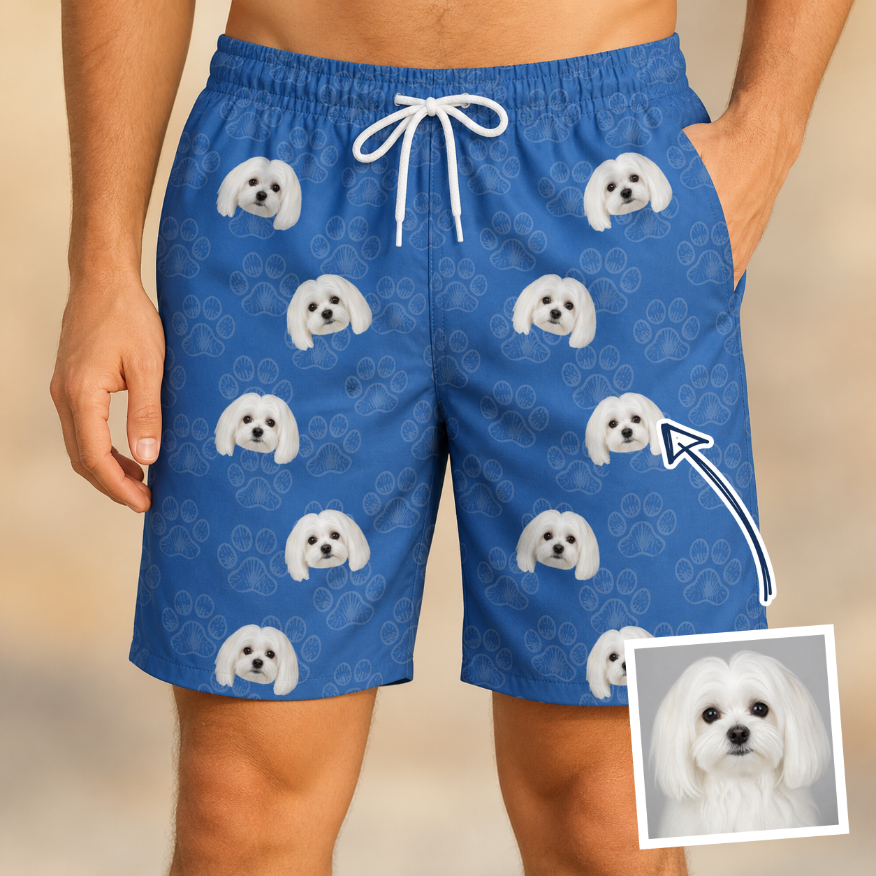 Man wearing Men's Kibble Cartography Custom Dog Face Beach Shorts — custom faces printed all-over