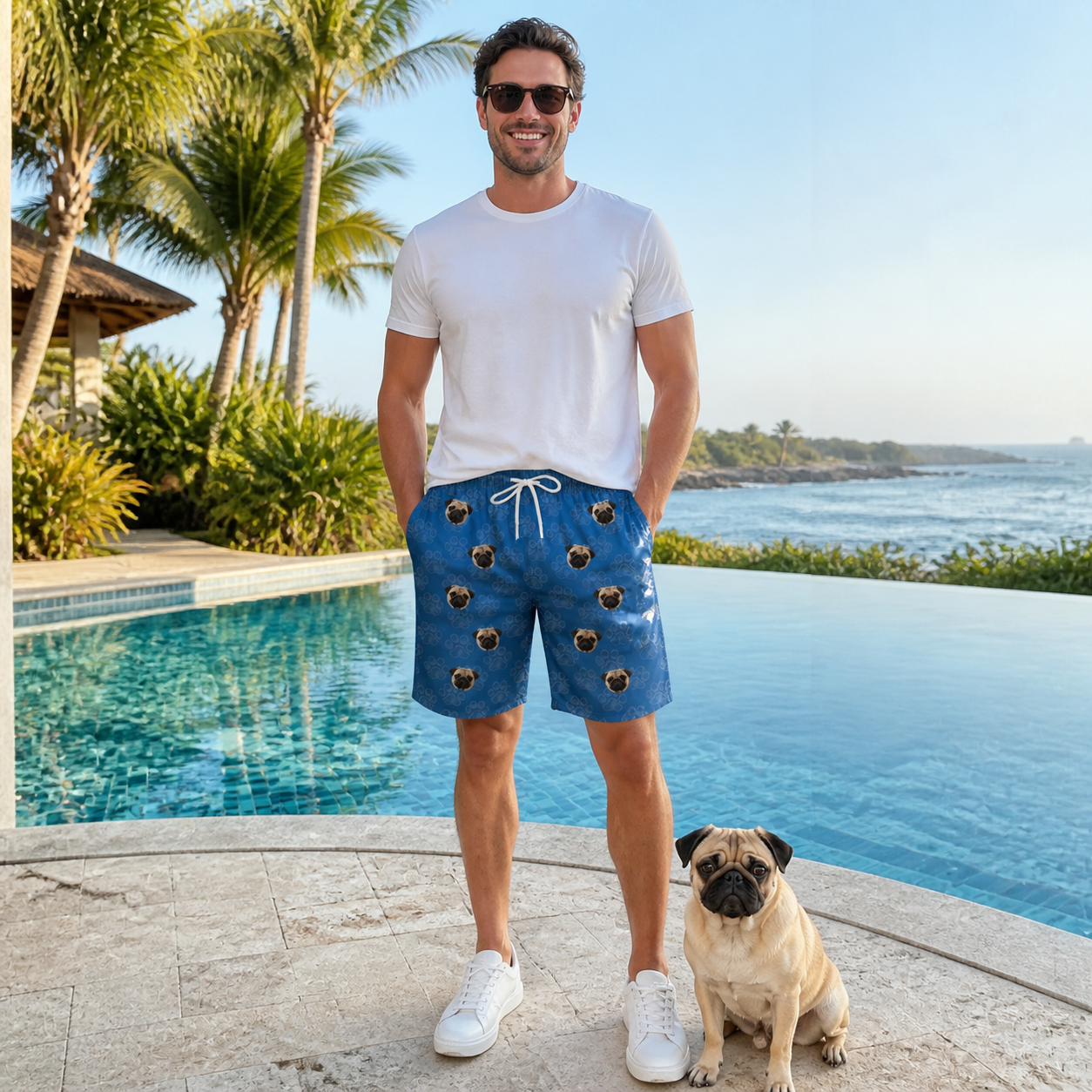 Full-length photo with the pet printed all over this Men's Kibble Cartography Custom Dog Face Beach Shorts