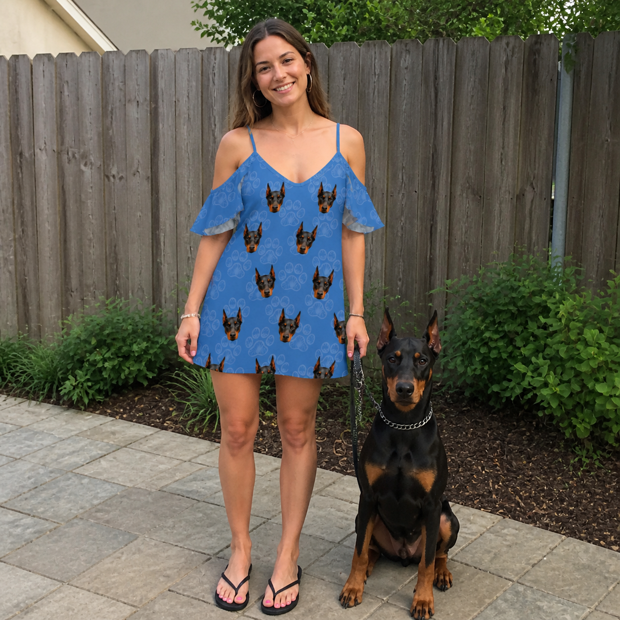 Full-length photo with the pet printed all over this Women's Kibble Cartography Custom Dog Face Off-Shoulder Dress