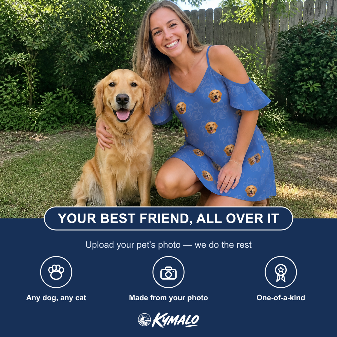 Friends in matching Women's Kibble Cartography Custom Dog Face Off-Shoulder Dress — a group gift photo
