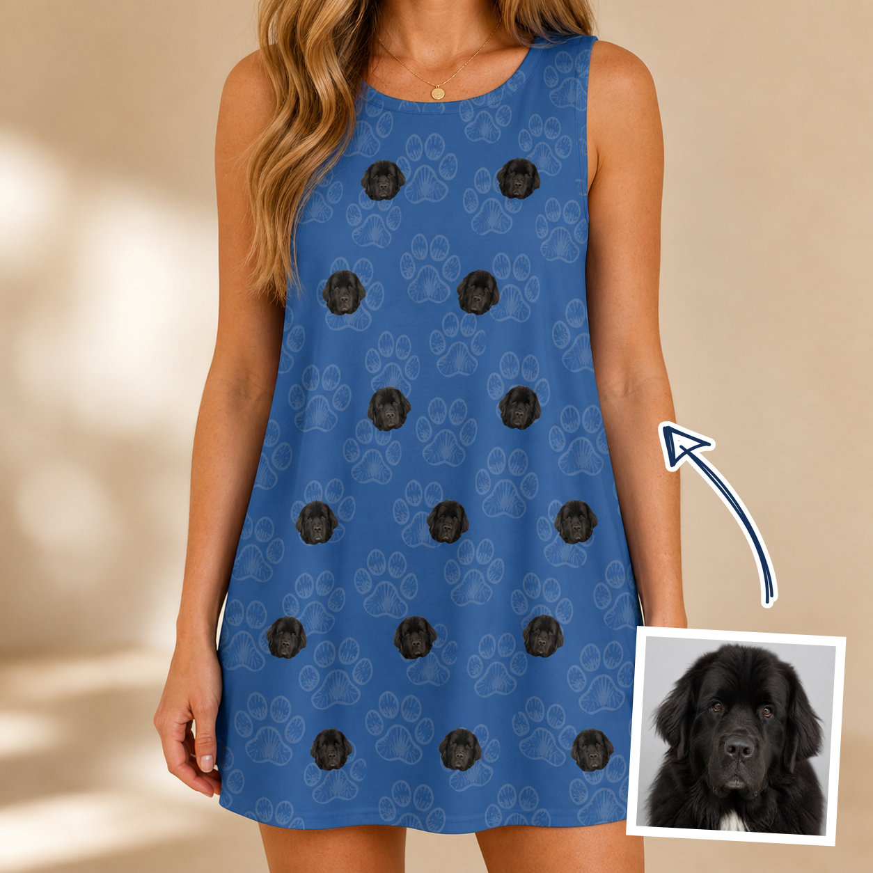 Woman wearing Women's Kibble Cartography Custom Dog Face Tank Dress — custom faces printed all-over