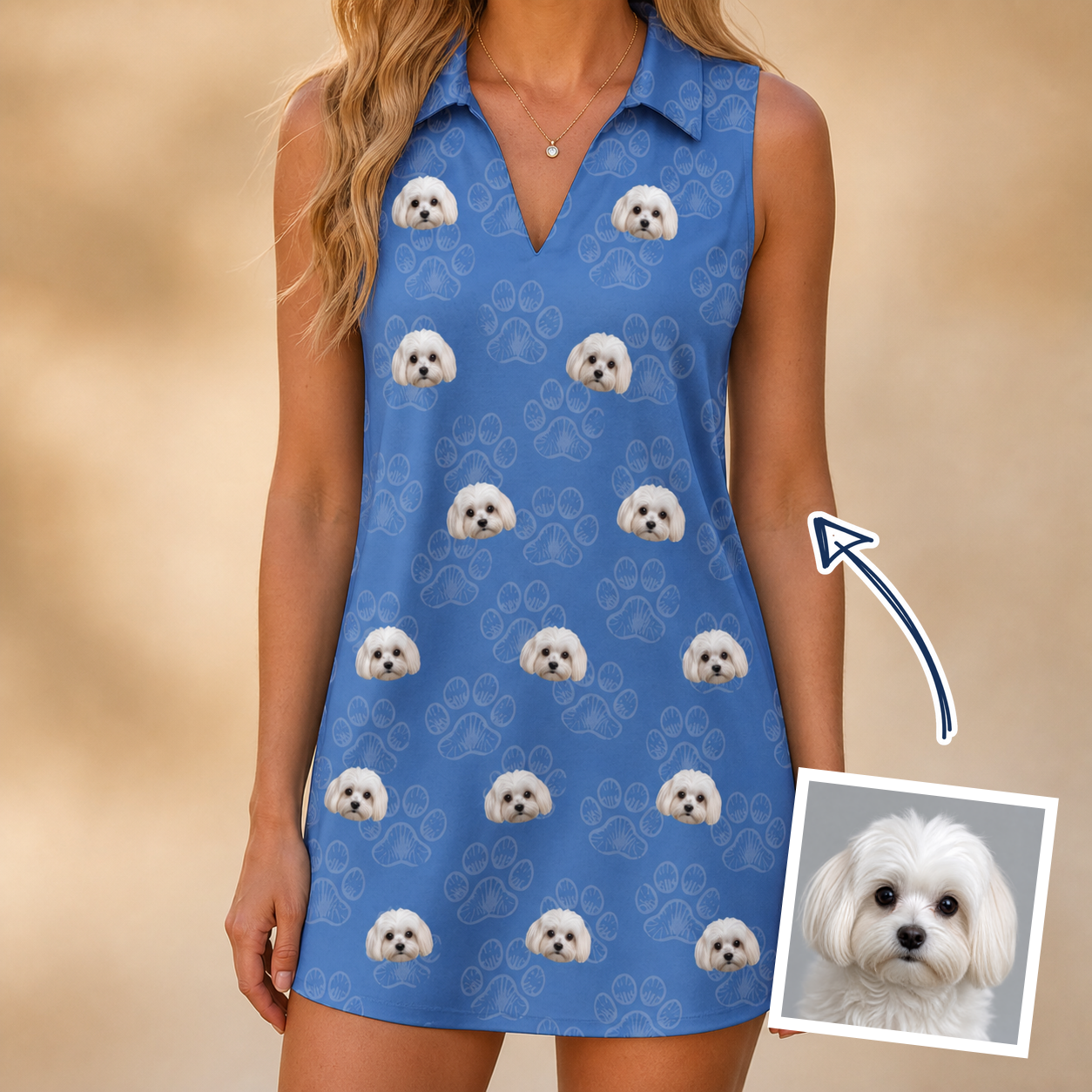 Woman wearing Women's Kibble Cartography Custom Dog Face V-Neck Dress — custom faces printed all-over