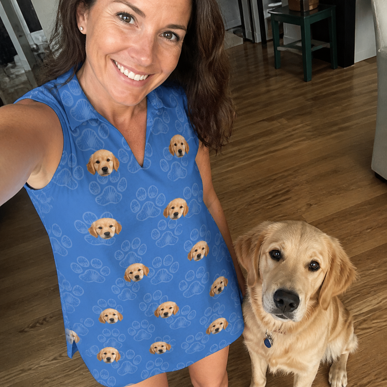 Selfie with the pet whose face is printed all over this Women's Kibble Cartography Custom Dog Face V-Neck Dress