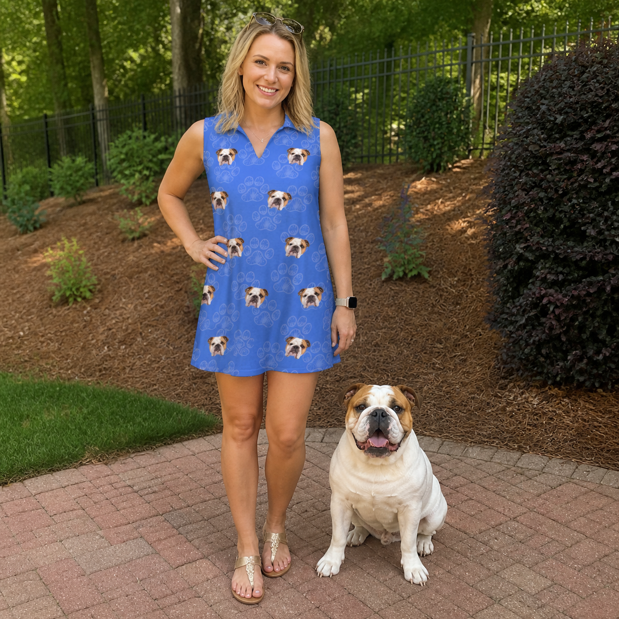 Full-length photo with the pet printed all over this Women's Kibble Cartography Custom Dog Face V-Neck Dress