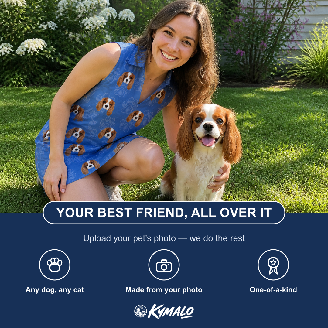 Friends in matching Women's Kibble Cartography Custom Dog Face V-Neck Dress — a group gift photo